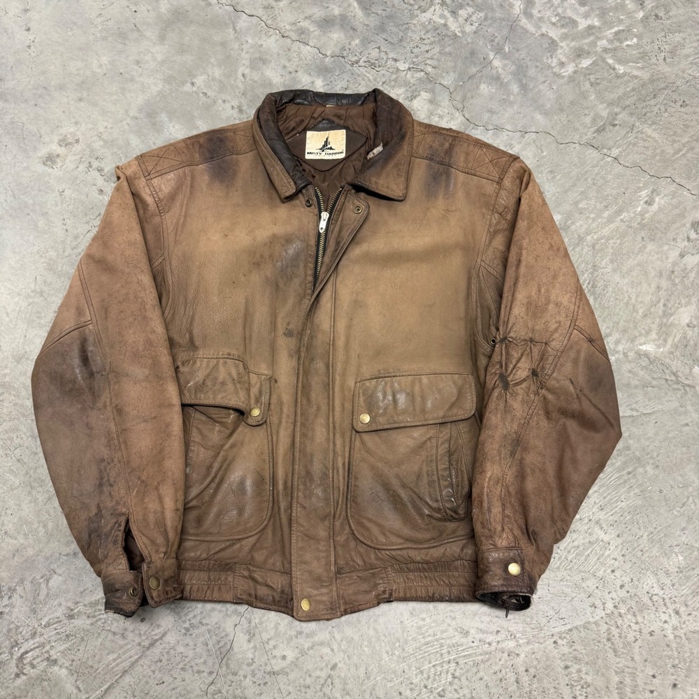Misty Harbor Vintage Distressed Brown Leather Bomber Jacket Mens L Large